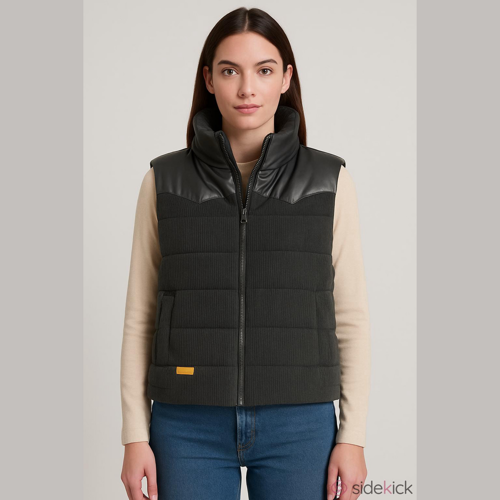 SIMPLY SOUTHERN Quilted Black Puffer Vest with Faux Leather Yoke